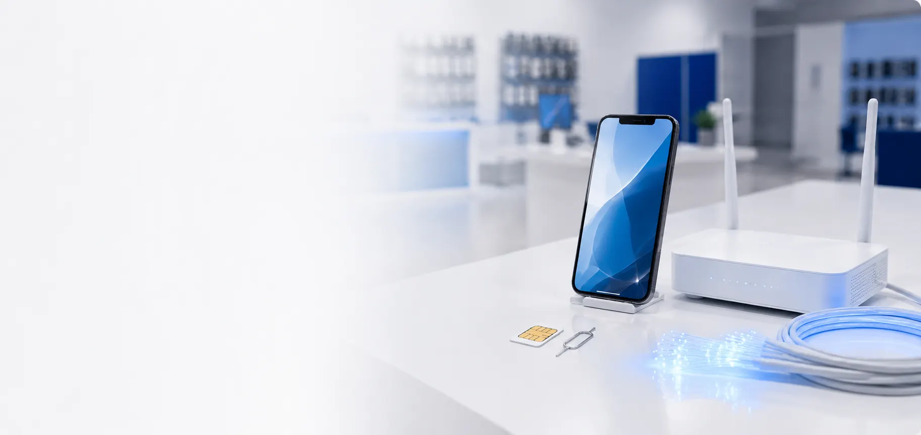 Router, Smartphone, SIM-Karte und Glasfaser als Beratungsszene im Laden